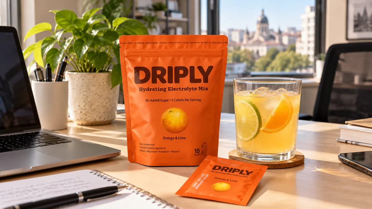 DRIPLY electroliti fara zahar pe birou, comparatie cu bauturi cu zahar