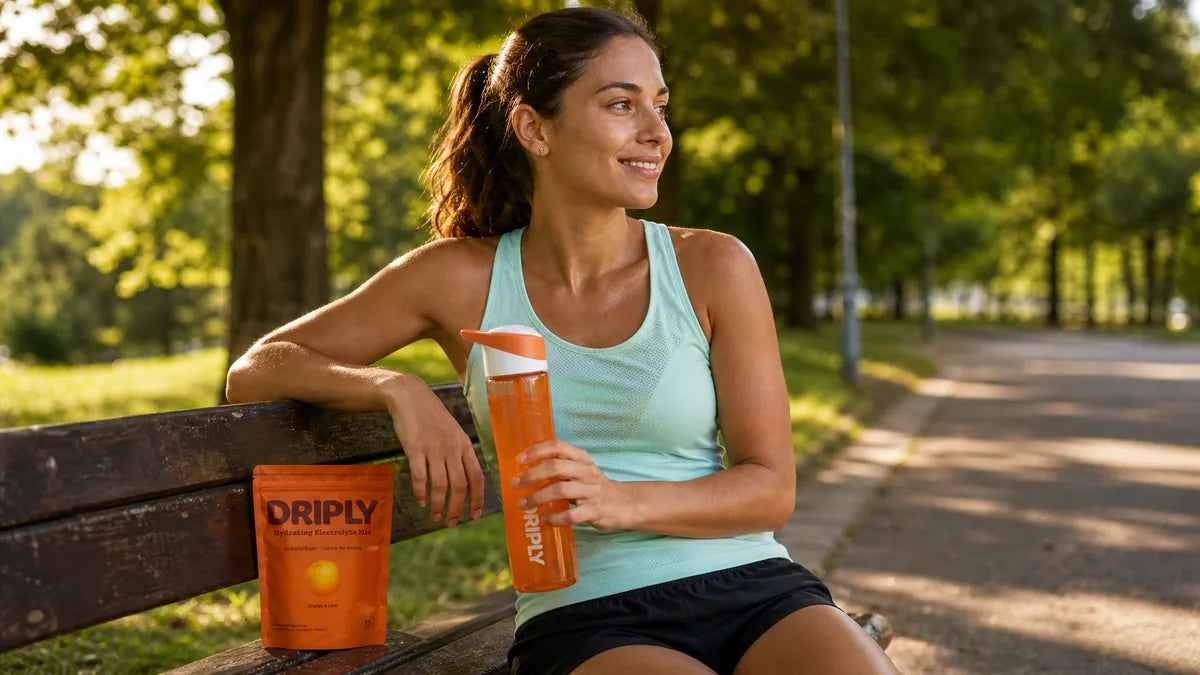 Femeie dupa alergare in parc, cu sticla si pouch DRIPLY Orange & Lime