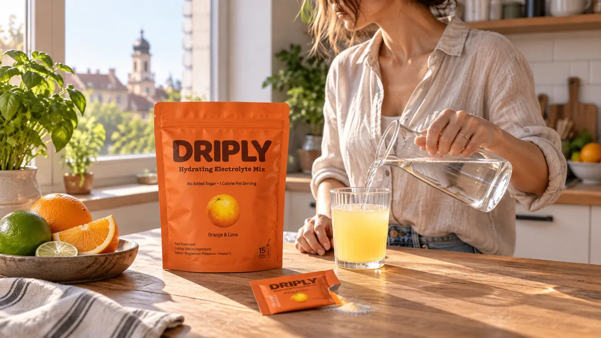 Electroliti dimineata: pudra DRIPLY Orange & Lime langa un pahar de apa cu citrus, in bucataria de acasa