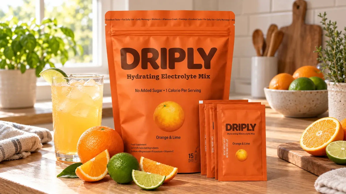 Pahar cu electroliti si pouch DRIPLY Orange & Lime pe blat de bucatarie