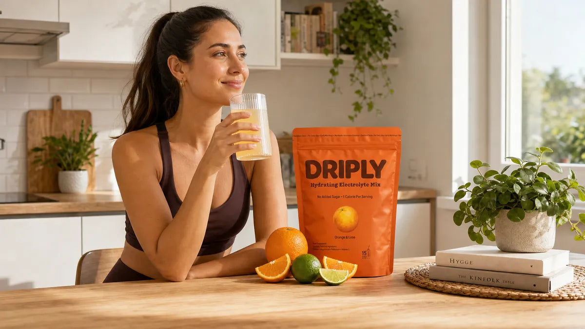 Femeie la masa de dimineata cu pahar de electroliti si pouch DRIPLY Orange & Lime