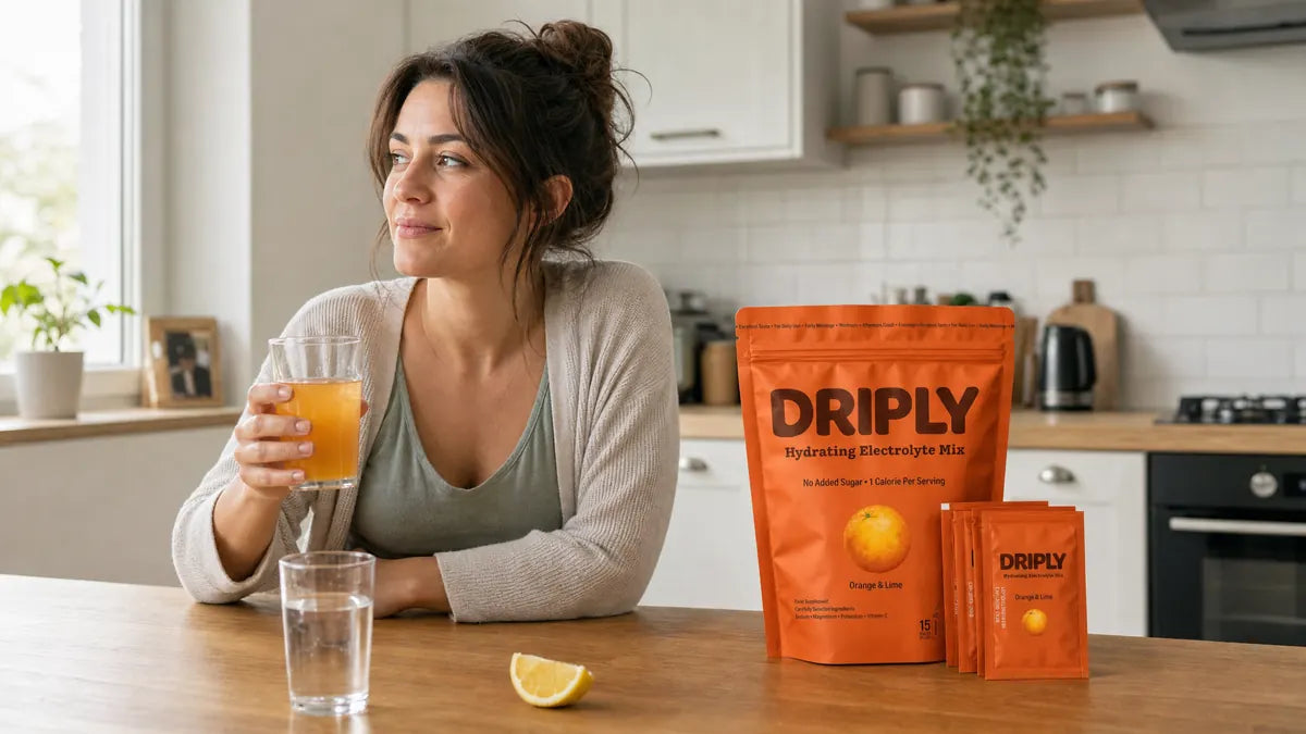 Dimineata dupa petrecere: pahar cu electroliti si pouch DRIPLY Orange & Lime pe masa de bucatarie