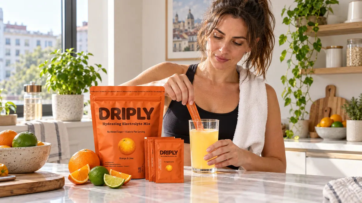 Hidratare zilnica cu electroliti DRIPLY Orange Lime la birou sau dupa antrenament