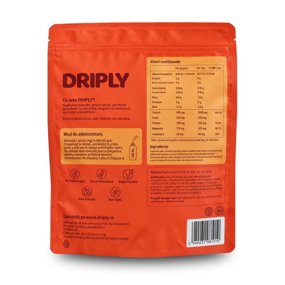 DRIPLY STARTER KIT: 30 PLICURI ELECTROLITI PREMIUM & BIDON 600 ML CU 25% REDUCERE